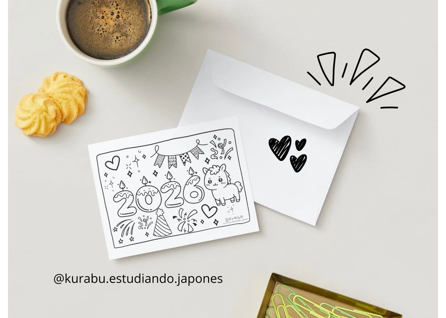✨ Postales para Colorear – Año Nuevo Japones - 2026 Año del Caballo - PDF 🎄🖍️