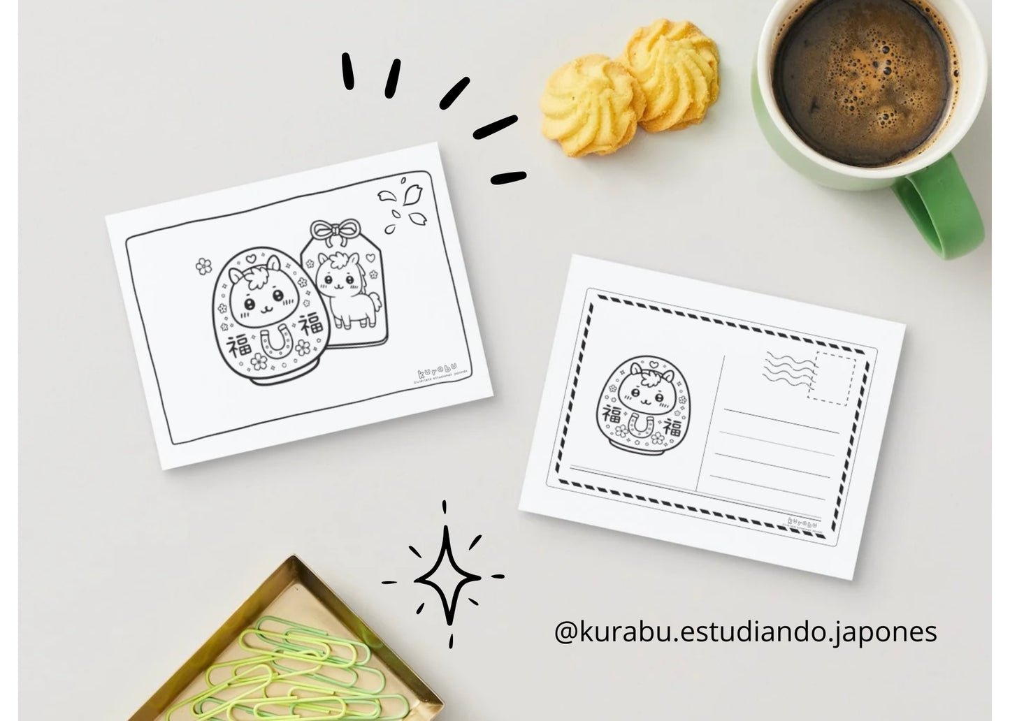 ✨ Postales para Colorear – Año Nuevo Japones - 2026 Año del Caballo - PDF 🎄🖍️